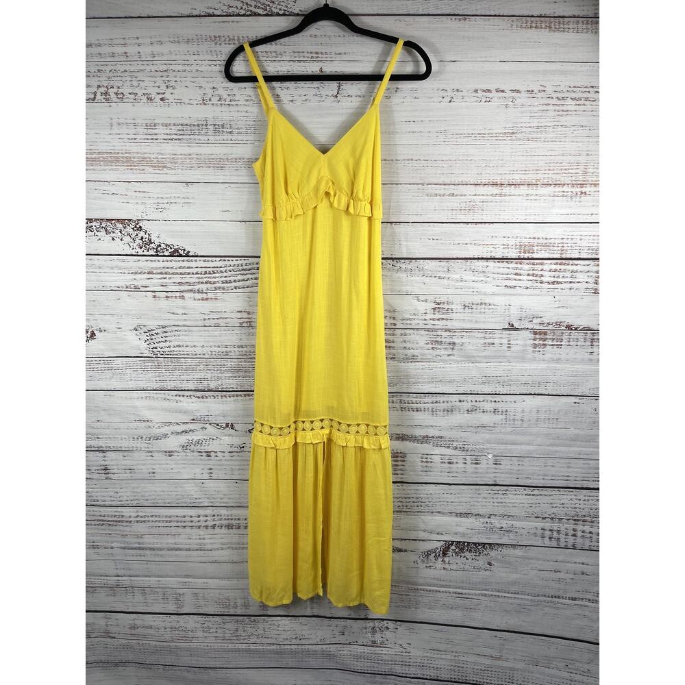 GIO Dress Women's Small Yellow Spaghetti Strap Maxi Ruffle Crochet V Neck